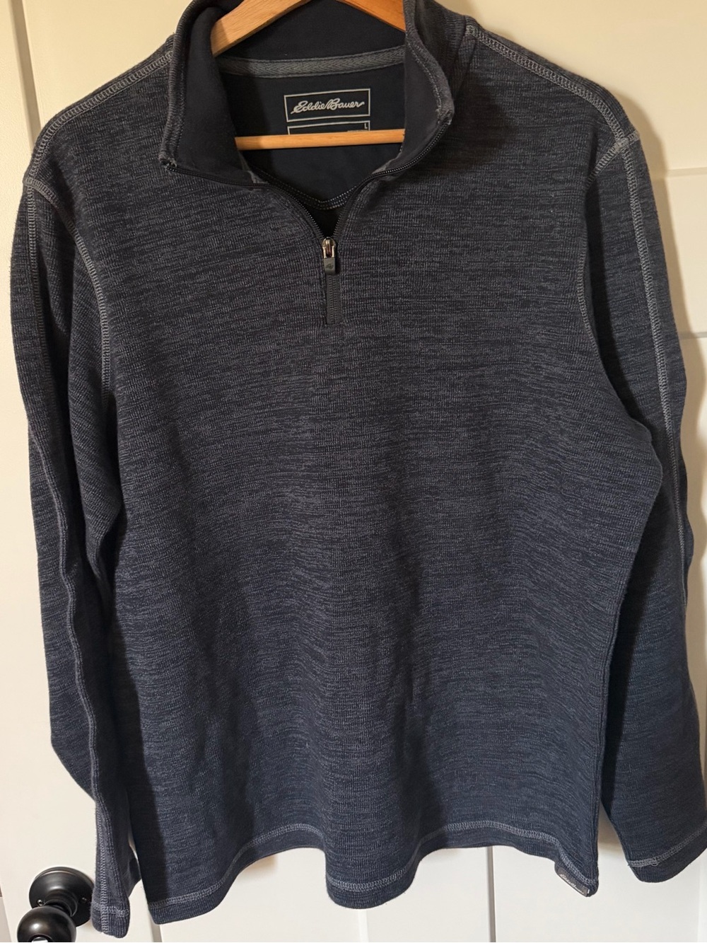 Eddie Bauer Men’s Heathered Navy Quarter-Zip Pullover Sweater Large Outdoor EUC